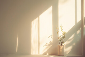 Subtle Aesthetics of Nature, Delicate Plant in a vase Shadows on a plain wall with natural light filtering casting minimalist shadow
