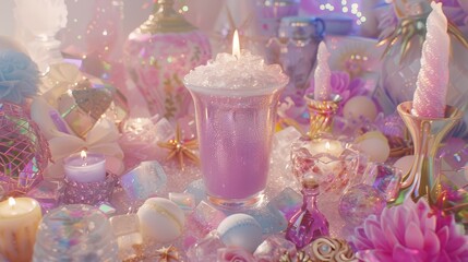 a pink candle sitting on top of a table filled with lots of different types of candies and candies.