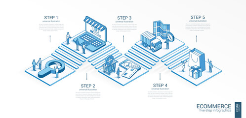 3d line isometric ecommerce infographic template. Online shop, customer journey presentation layout. 5 option steps, process parts growth concept. Business people team. Market consumer experience icon