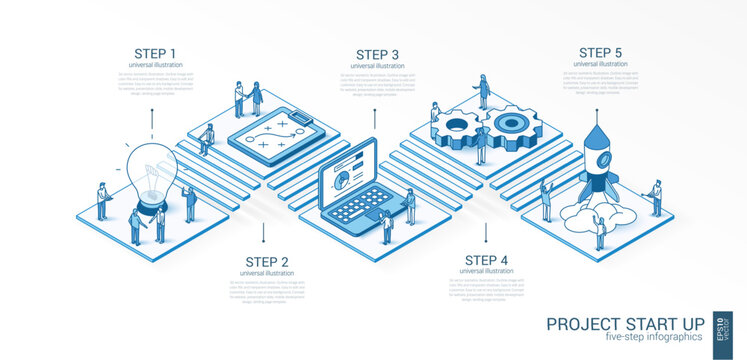 3d line isometric Project Start Up infographic template. Success startup, innovation product presentation layout. 5 option steps, process parts growth concept. Business people team. Rocket launch icon