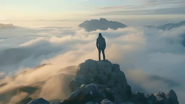 A man stands on the top of a mountain he has just climbed. Amidst the beautiful sea of mist view