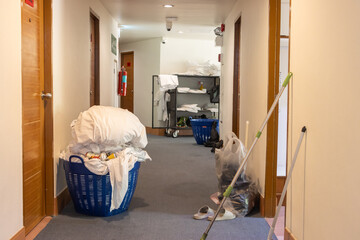 Equipment for cleaning rooms in the hotel corridor