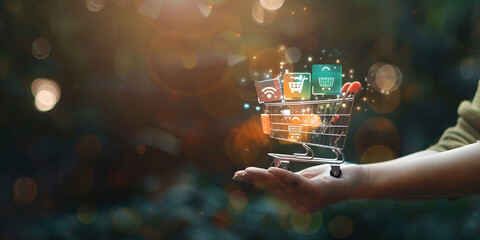  shopping cart on a screen surrounded by various lights and elements A female hand and a shopping cart icon, concept of starting a sale, online shopping, increasing business profits during seasonal. - obrazy, fototapety, plakaty