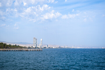Obraz premium Aerial view of the sea and city with skyscrapers in Limassol