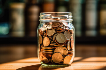 A jar full of coins sits on a table. The jar is filled with a variety of coins, including pennies, nickels, dimes, and quarters. The coins are of different sizes and colors - obrazy, fototapety, plakaty