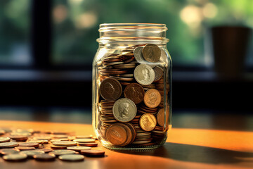 A jar full of coins on a table