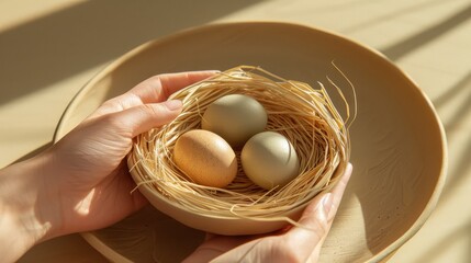 a person is holding a plate with three eggs in it and a straw nest in the middle of the plate.