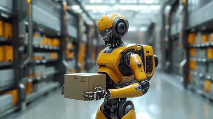Robot working in a warehouse - obrazy, fototapety, plakaty