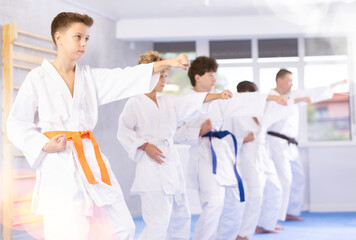 Fototapeta na wymiar Willing junior boy wearing kimono training karate techniques in group during workout session