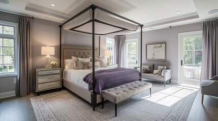 Bedroom with a serene palette of soft lavender and gray, a canopy bed, and recessed ceiling lights



