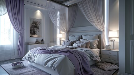 Bedroom with a serene palette of soft lavender and gray, a canopy bed, and recessed ceiling lights


 - obrazy, fototapety, plakaty