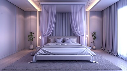 Bedroom with a serene palette of soft lavender and gray, a canopy bed, and recessed ceiling lights


 - obrazy, fototapety, plakaty