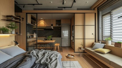 Compact studio apartment with Japandi design multifunction