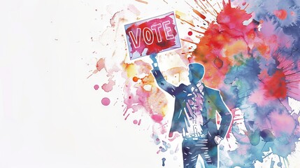 Silhouette of person holding VOTE sign, set against explosive watercolor backdrop. Artistic representation of the importance of voting and political expression. Elections concept. Copy space, banner