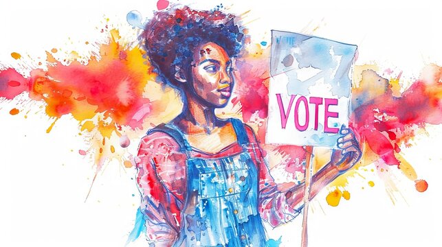 African American woman holding a VOTE sign, watercolor artwork. Black female voter. Civic engagement and diversity in democracy concept for election related visuals and voter outreach campaigns.