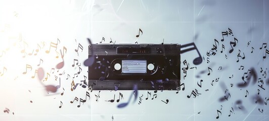 Black cassette tape with musical notes disintegrating into air, illustrating concept of music as timeless and ethereal art form. Visual metaphor for transcendent nature of sound and melody.