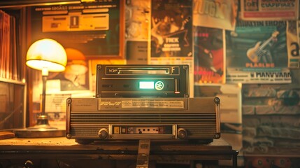 A vintage cassette player on a table amidst a warmly lit retro music room. Ambiance of nostalgia with classic rock background. Concept of musical heritage, analog entertainment, vintage audio.