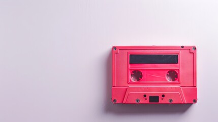 Obraz premium Minimalistic pink cassette tape on a clean white background, representing simplicity and retro music. Concept of vintage, minimalist design, music evolution, and cultural memory. Copy space