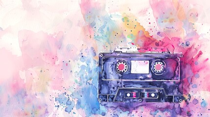 Watercolor cassette tape on an artistic splashed background. Delicate audio tape illustration with pastel colors. Concept of art, music, retro technology, and vintage nostalgia. Banner. Copy space