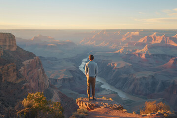 Man Contemplating Grand Canyon Landscape at Sunset - Powered by Adobe