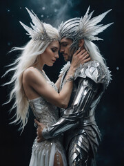 AI generated portrait of a couple with fantasy man and a woman dressed in armor and white crystals isolated on a dark background 