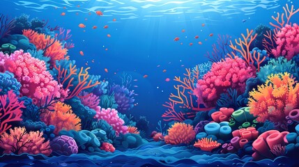 Vibrant coral reef in ocean waters. Colorful corals. Concept of marine life, underwater biodiversity, tropical ecosystem, and natural aquarium. Digital illustration