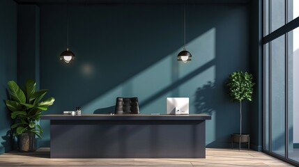 Contemporary office with an accent wall in deep teal, a minimalist desk, and pendant lighting


 - obrazy, fototapety, plakaty