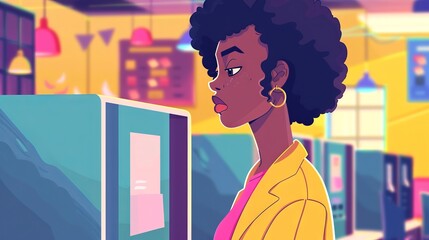 African American woman using a voting machine at a polling station. Black female voter casting his ballot. Concept of elections, democratic process, voting rights, diversity. Digital art