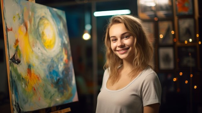 Young Caucasian woman artist next to her artwork in an art studio. Concept of artistic talent, fine arts, creative process, interesting hobby, exciting leisure time, oil painting