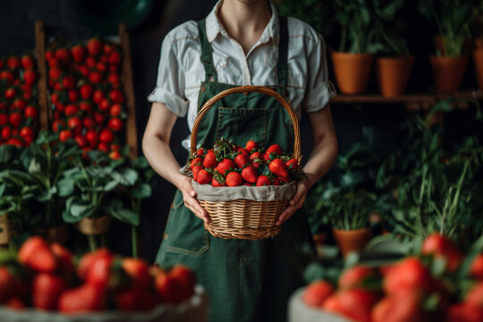 Apron-clad person holding a wicker basket filled with succulent strawberries amidst green foliage. Generative AI.