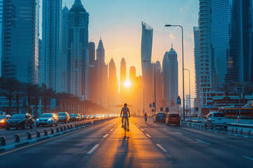 Entrepreneur Biking on City Highway Against Sunrise Skyline