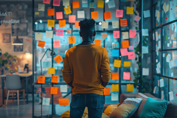 Young Entrepreneur Analyzing Creative Ideas on Sticky Notes