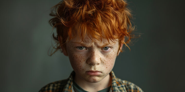 Stern child with rugged freckles, his intense glare exuding a quiet strength. Generative AI.