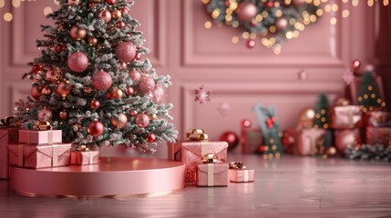Fototapeta na wymiar Glittering Rose Gold Podium with Christmas Tree and Presents - Perfect for Product Displays and Presentations