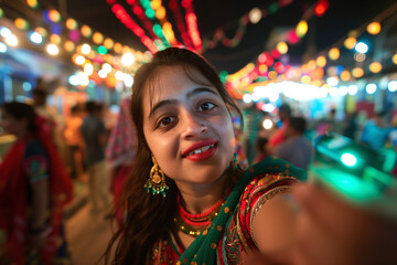 A woman is smiling and taking a selfie in a crowded area