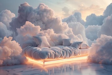 A bed is floating in the clouds with pillows and blankets - obrazy, fototapety, plakaty