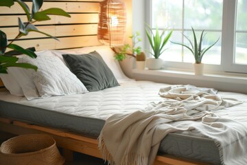 A bed with a white comforter and pillows, and a potted plant on the nightstand