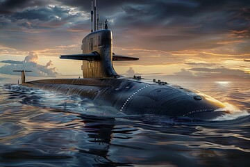 A large submarine is sailing in the ocean