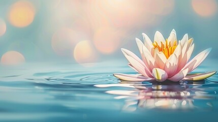 a pink water lily floating on top of a body of water with sunlight reflecting off the water's surface.
