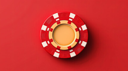 A red and white poker chip with a hole in the middle. The red and white color scheme gives the image a fun and playful mood