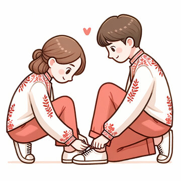 An image of two illustrated characters. The male character is kneeling and tying the shoelace of the female character.