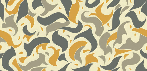 a multicolored pattern of wavy shapes in shades of grey, yellow, and orange on a white background.