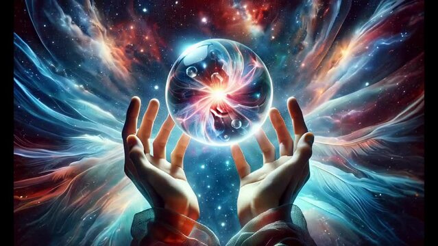 open Hands hold a crystal ball with a cosmic burst, symbolizing peace and universal energy in meditation practices      