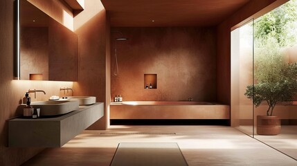 Inviting bathroom with warm terracotta tiles, a floating vanity, and soft, diffused lighting


