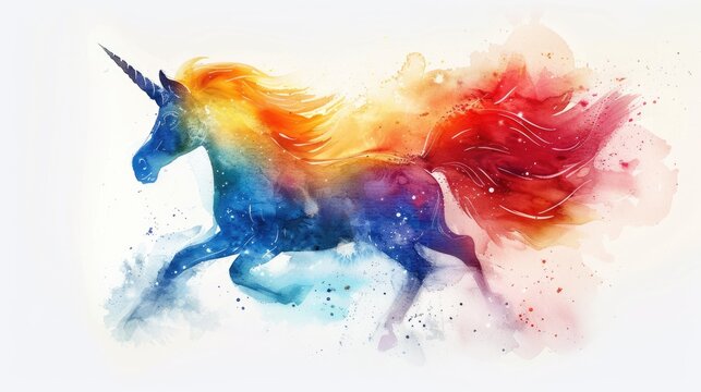 Rainbow Unicorn: A Stunning Watercolor Illustration of a Beautiful Creature on a White Background