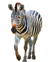 zebra, walking pose, isolated on white transparent background with clipping path, for printing and web page design, sticker, png transparent.