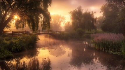 a bridge over a body of water next to a lush green forest filled with lots of trees and a bridge surrounded by water lilies.