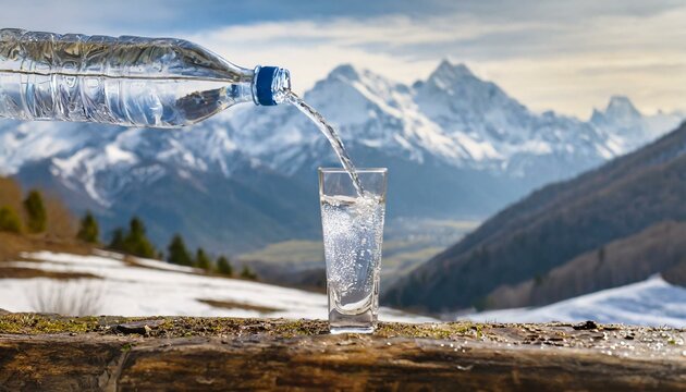 Nature's Refreshment: Crystal Water Pouring into Glass Against Snowy Mountain Landscape