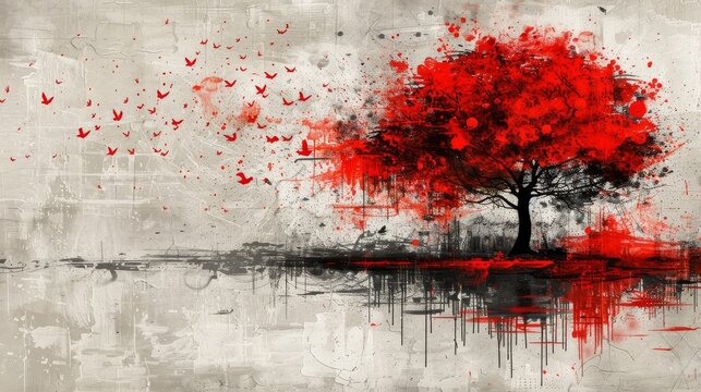 a painting of a red tree with lots of birds flying over it and a body of water below the tree.