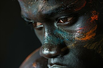 A man with black face paint and blue eyes